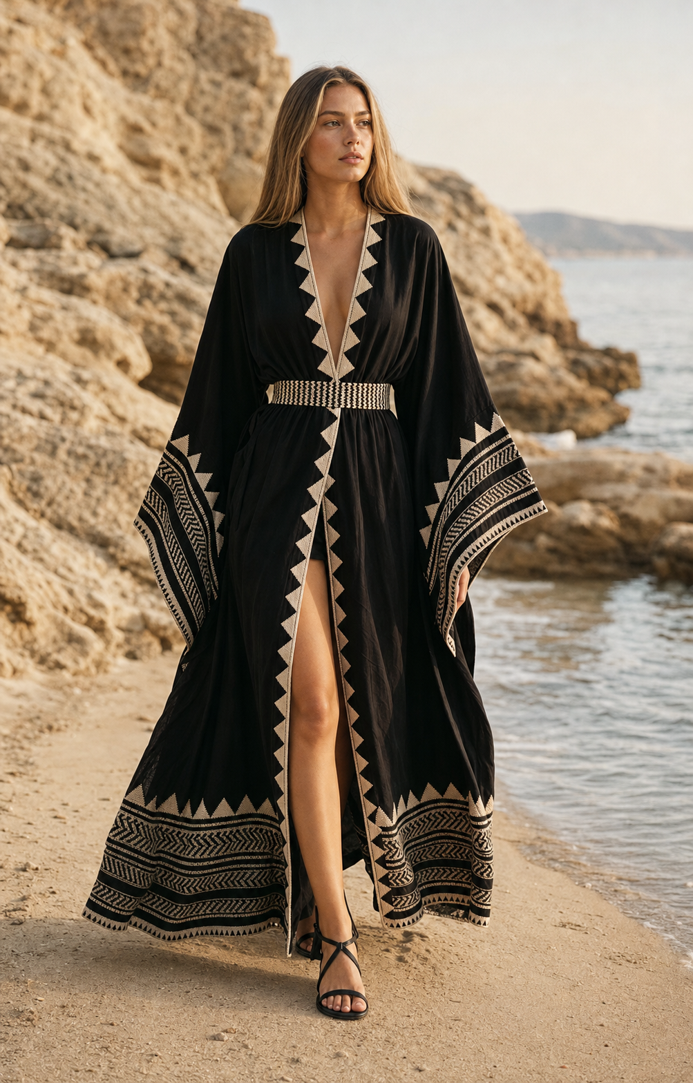Mujer con vestido maxi bohemio negro y detalles geométricos en la playa